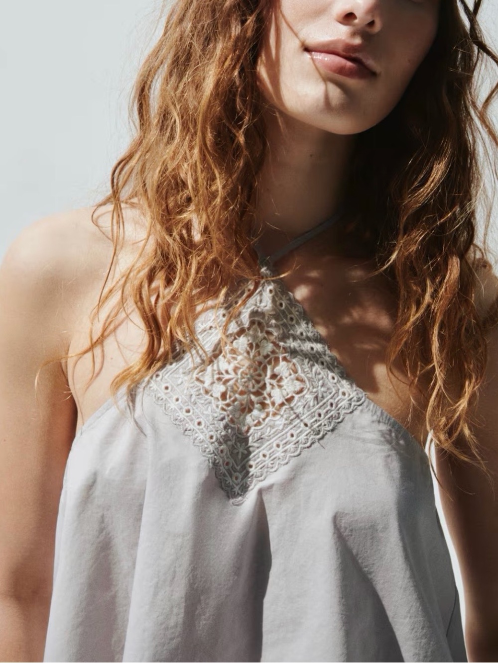 H&M NWT 100% cotton crochet patch detail Halter Tank Top in Light Gray - Picture 2 of 5
